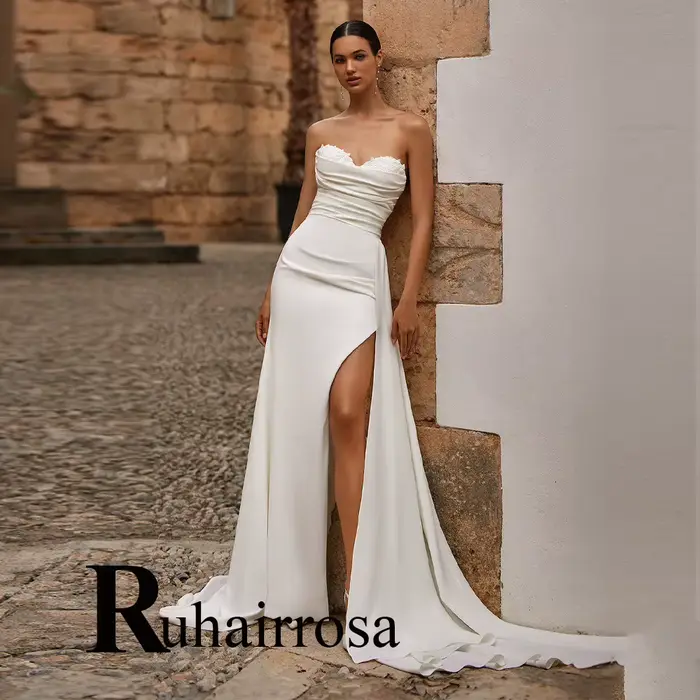 Ruhair charmante robe de mariée pour mariée haute fente trompette sans manches bouton Appliques Occa