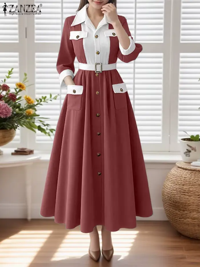 ZANZEA Robe de soirée élégante sans ceinture femmes à manches longues couleur Patchwork Maxi