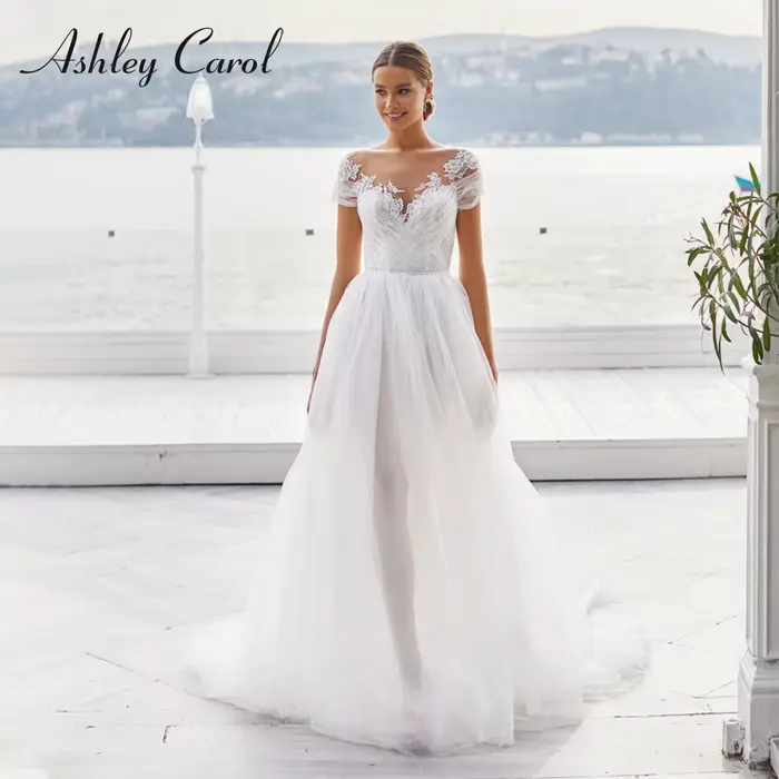 Ashley Carol-Robe de mariée A-Line, robe de patients en tulle semi-transparent, robe de mariée glamo