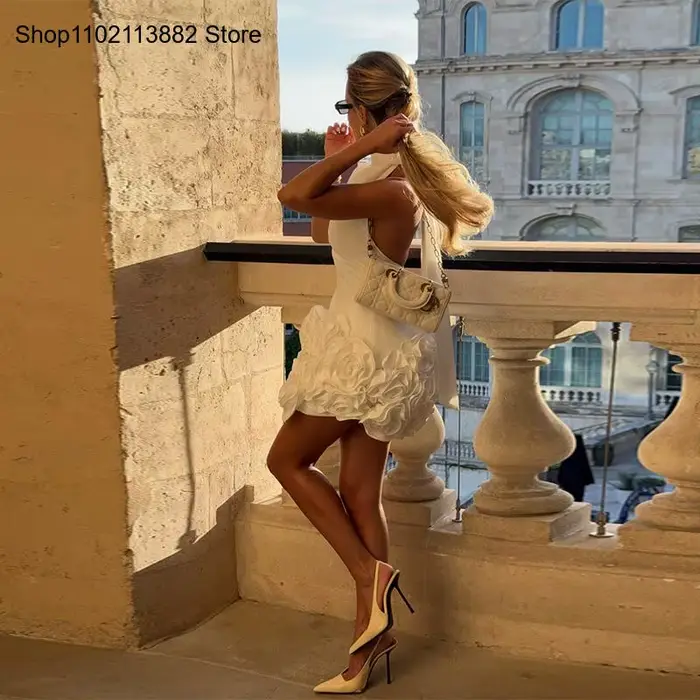 Printemps été vacances dîner Date fête robe élégante femmes Sexy blanc Rose Mini