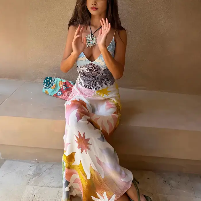 Robe en lin pour femme, imprimée, style bohème, pour le printemps et l'été, robe de plage, robe longue, tenue de vacances
