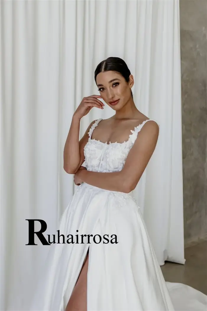 Ruhair Robe De mariée classique pour mariée ligne a Appliques haute fente Satin bretelles Spaghetti Robe De soirée De Mariage personnalisé