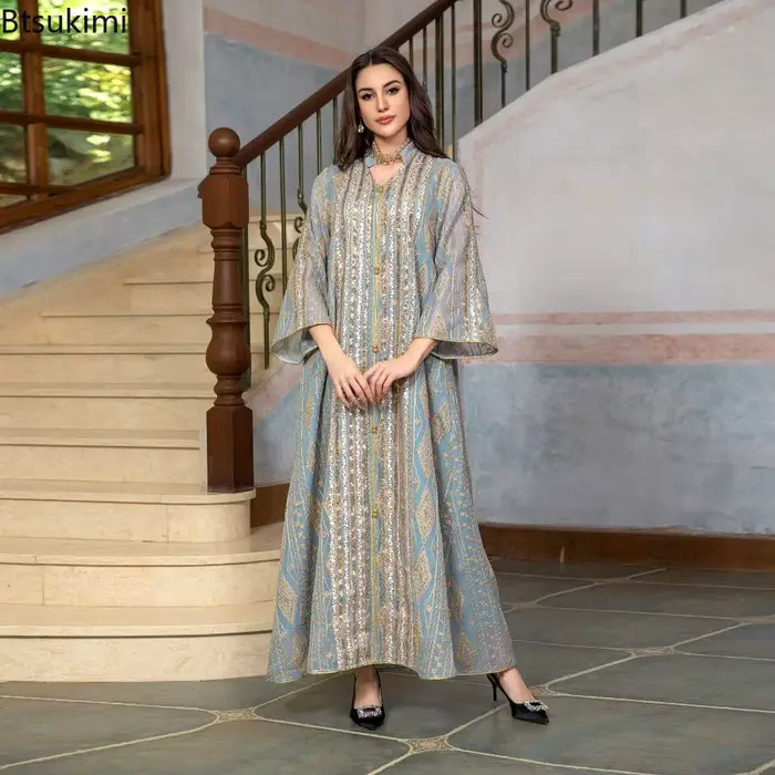Robe de soirée marocaine abaya de luxe à sequins pour femmes occasions spéciales mode musulmane élégante et sophistiquée polyester légèrement extensible toutes les saisons