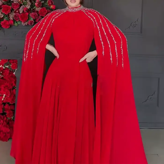 Robe de soirée modeste arabe élégante en polyester pour femmes, dentelle, col haut, longueur classique, tenue pour événements formels