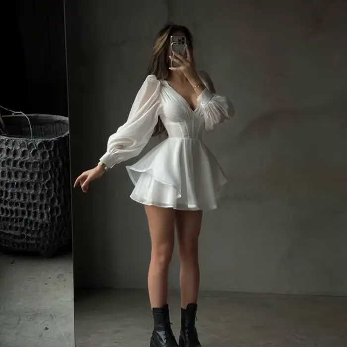 Robe Courte Élégante Blanche en Mousseline pour Femme
