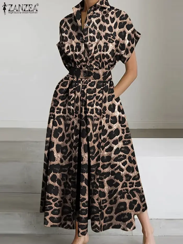 Robe léopard ZANZEA pour femme, polyester, coupe moderne, col rabattu, motifs léopard, occasion bureau et soirée