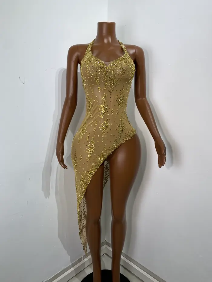 Femmes Sexy réservoir rouge cristal or diamants Midi robe moulante fête d'anniversaire Costume Bar d