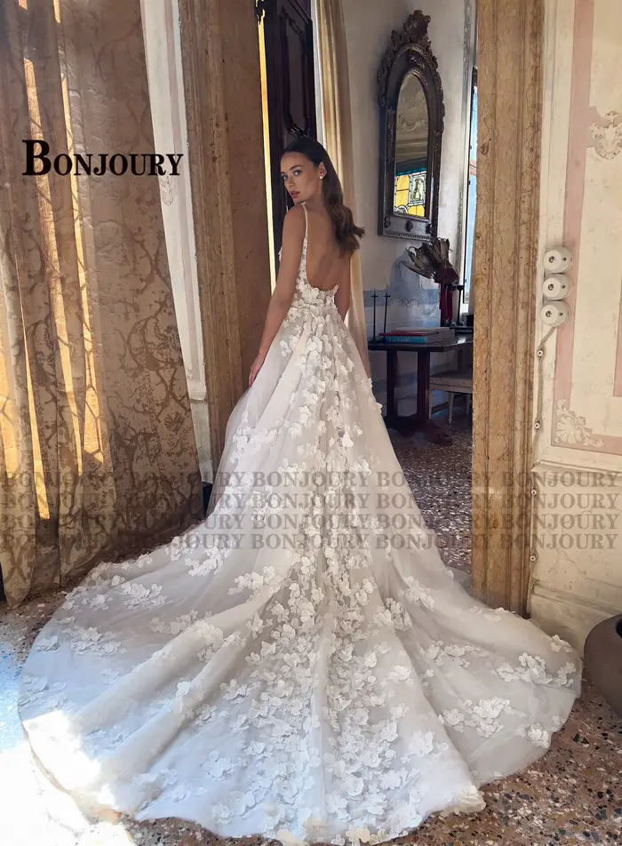 Robe de mariée URY Glamour dos nu bretelles spaghetti col bateau appliques plissé pour femmes occasions spéciales mariage