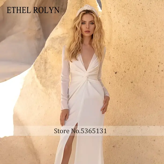 Robe de mariée sirène Ethel Rolyne élégante avec froncage et col en V pour femmes, mariage, cérémonies et soirées de gala
