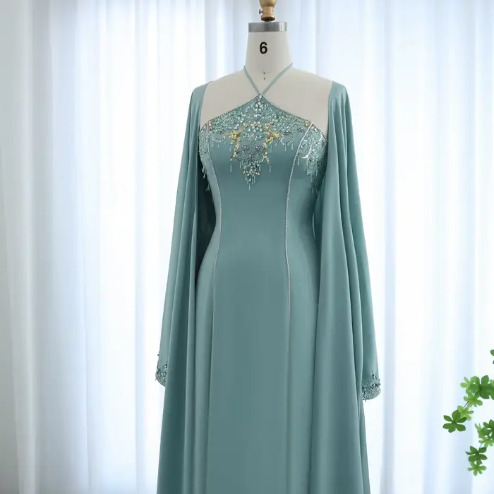 Robe Sharon Said de Luxe à Col Licou Vert Sauge avec Perles et Cristaux pour Soirées Officielles et Mariages