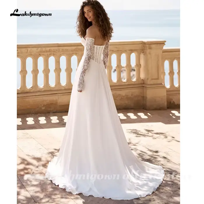 Robe de mariée d'été personnalisable en mousseline de soie, coupe cœur, manches longues, appliques de dentelle illusion, train de balayage, pour femmes enceintes, occasions spéciales