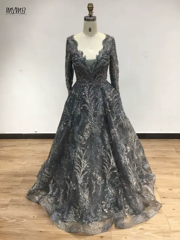 MYMB-Robe de soirée à manches longues pour femme, col en V, ligne A, dentelle perlée, mariage, fianç