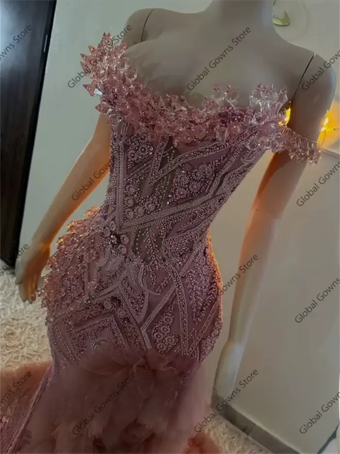 Robe de bal rose à épaules dénudées, ornée de perles et de cristal, silhouette sirène, pour soirées officielles, personnalisable