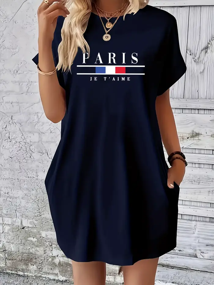 Robe d'été à manches courtes et col rond pour femmes imprimée de lettres distribuées confortable décontractée grande taille pour occasions spéciales