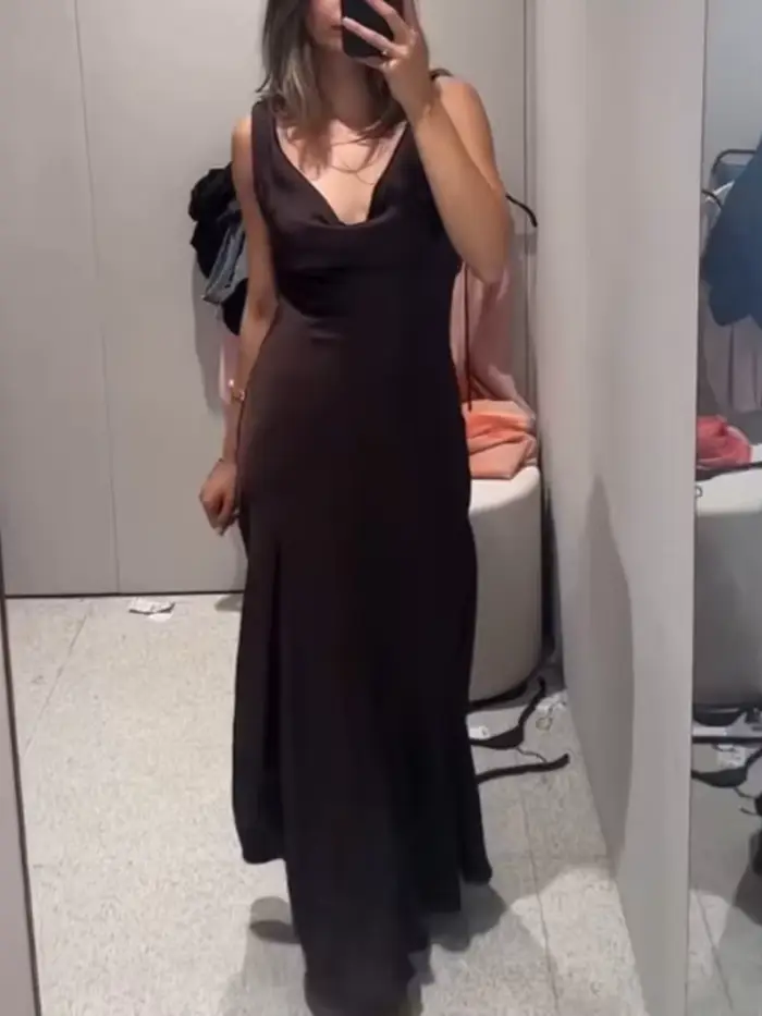 HH femmes été vacances Style col en v Satin Texture robe femme élégante Sexy solide dos nu à lacets sangle