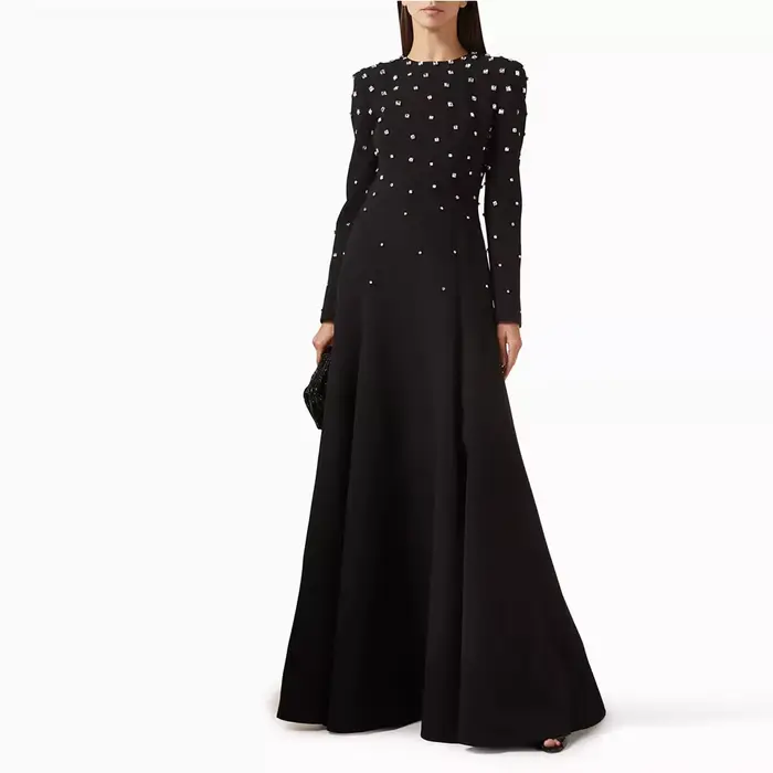 Robe de soirée à perles et col rond pour femmes
