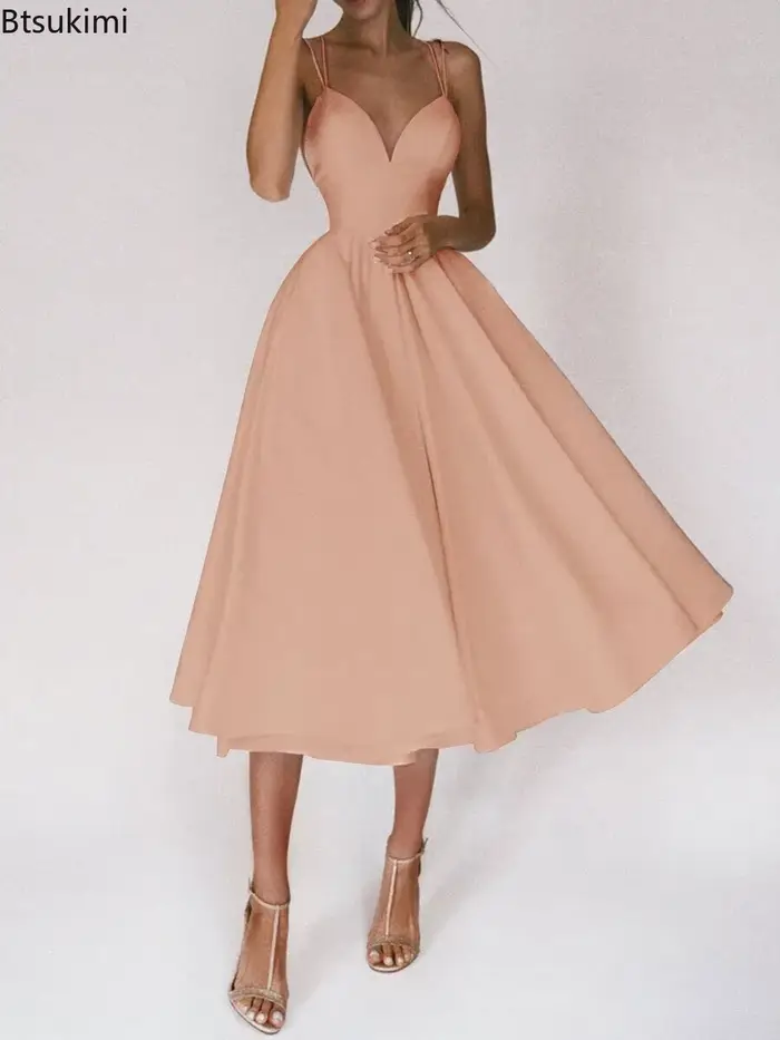Robe de soirée élégante pour femmes, camisole sans manches, polyester, mi-mollet, col en V, pour mariages, soirées et occasions spéciales