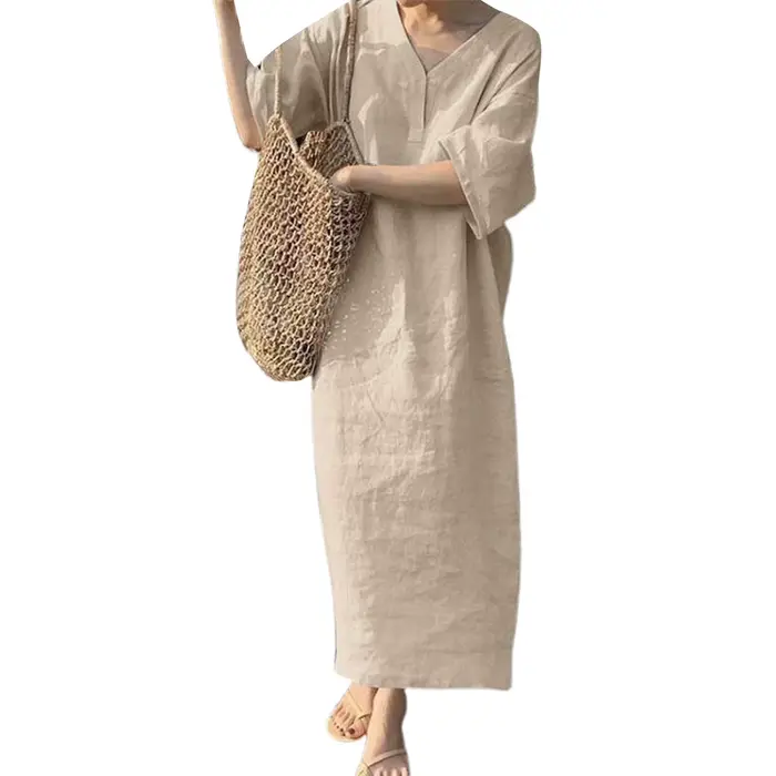Mn-Robe à boutons en coton et lin pour femme, col en V, manches longues, décoration boutonnée, éléga