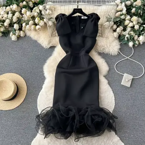 Robe de soirée en maille patchwork pour femmes, robes noires à volants pour femmes, gaine taille hau