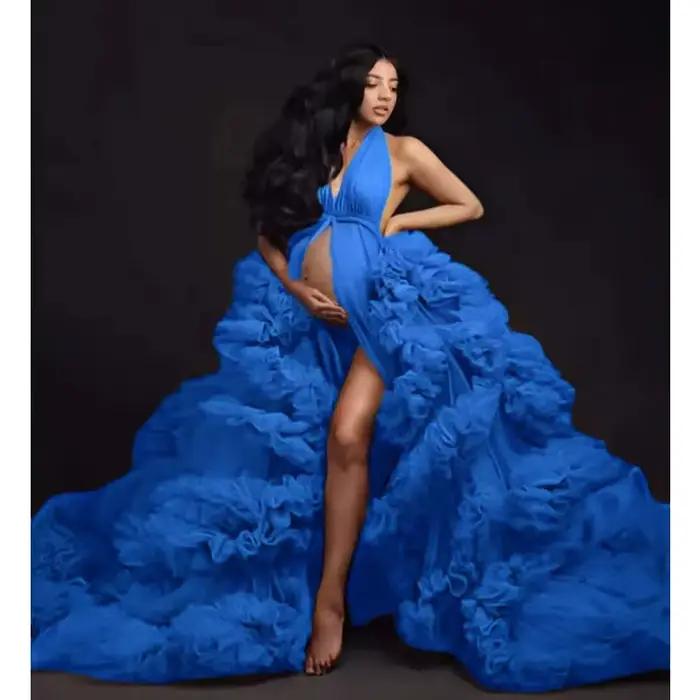 Robe de mariée de maternité - Chemise de nuit longue sexy en tulle à volants pour séance photo de grossesse