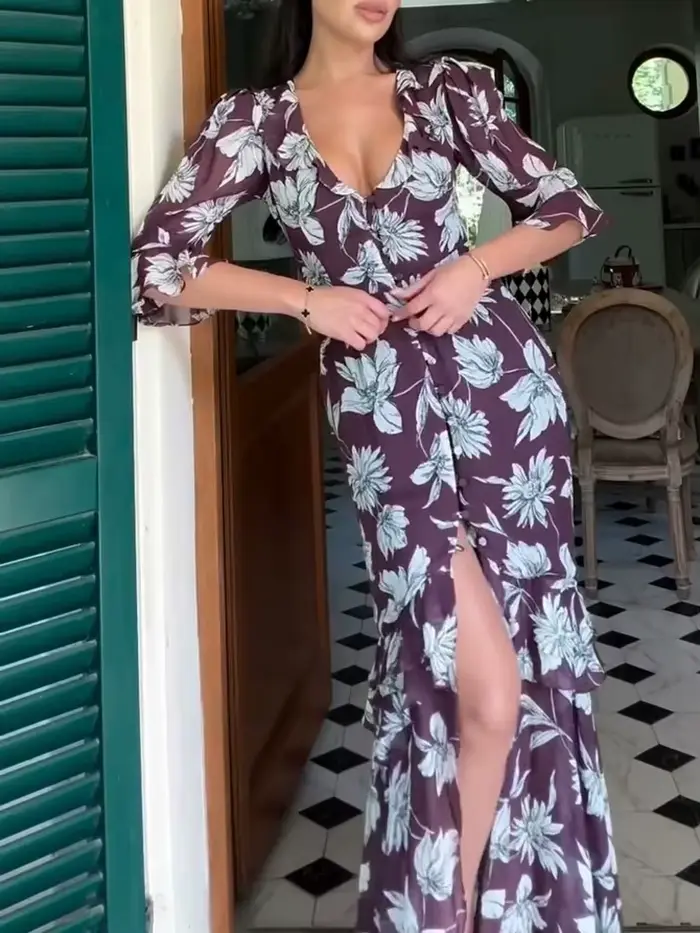Robe élégante imprimée en dentelle patchwork pour femme