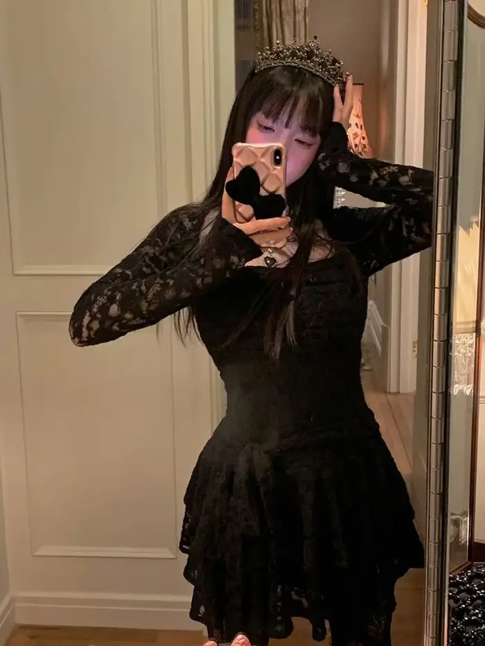 Robe décontractée en dentelle KOSAHIKI col carré taille cintrée tunique pour femme occasions spéciales années 2000