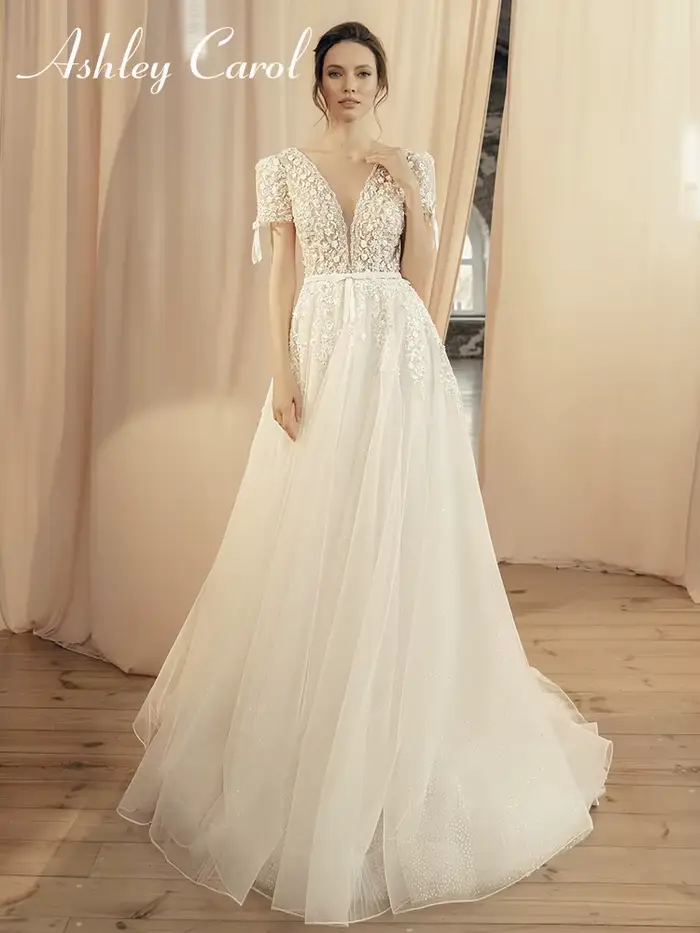 Ashley Carol-Robe de mariée A-Line avec col en V profond, robes de mariée, nœud, manches courtes, cr