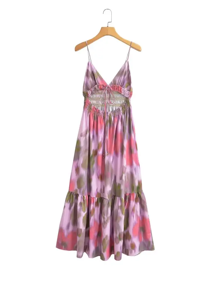Robe de plage élégante pour femmes col en V dos nu ligne A bohème printemps été polyesters sexy vacances 2025