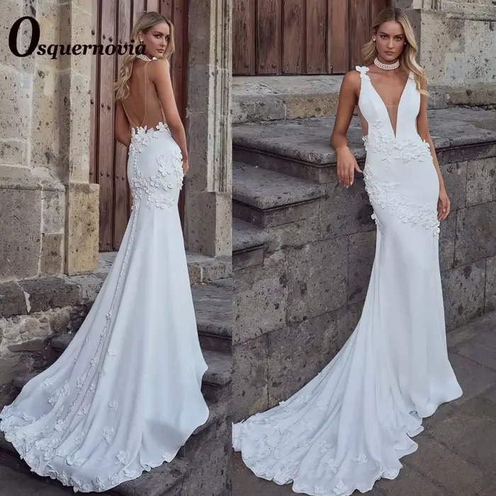 Osquernovia charmante bretelles Spaghetti robes De mariée fleurs 3D trompette dos nu Court Train rob