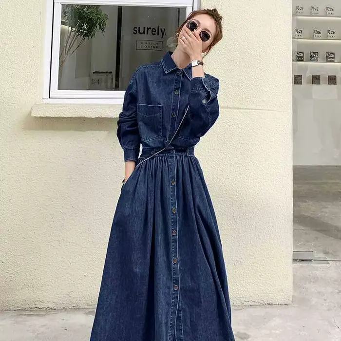 Robe en jean, nouvelle collection printemps, robe longue à coupe trapèze pour femme, à simple bouton