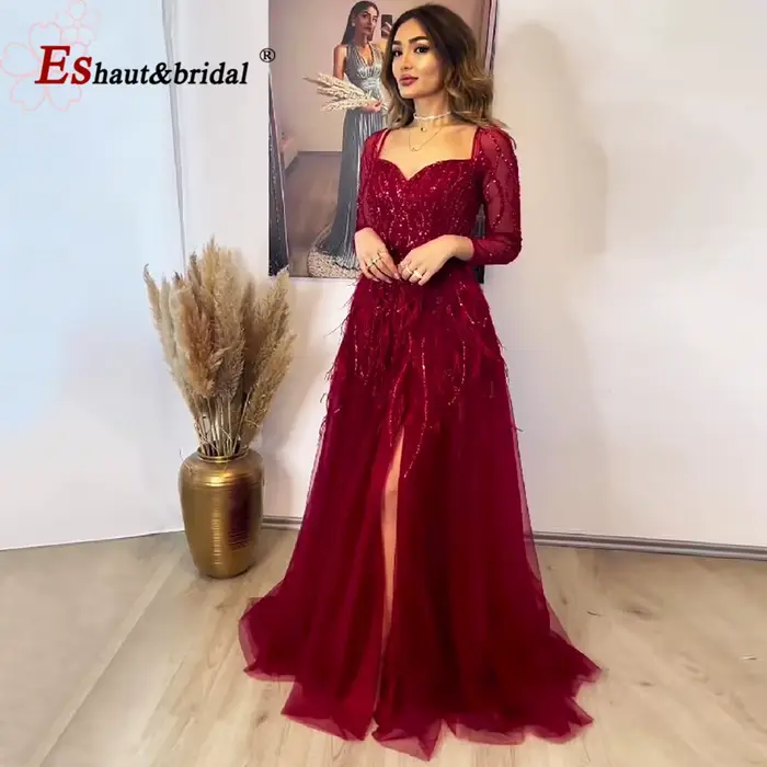 Robe de Soirée Élégante en Plumes pour Femme 2026, Col en V, Perles, Manches Longues, Fente Latérale, Coupe A-line, Robe de Cérémonie Formelle pour Mariage, Bal de Promo, Fête, Personnalisable