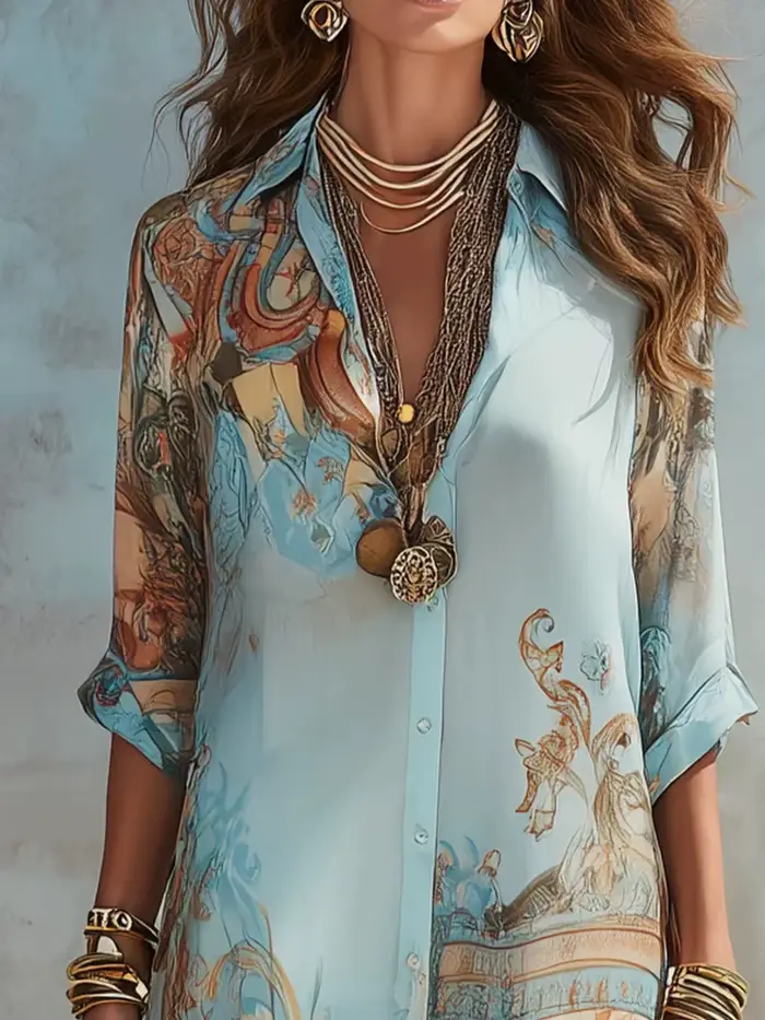 Robe longue élégante en polyester imprimé numérique, col rabattu, simple boutonnage, style bohème pour femme et jeunes filles occasions spéciales été