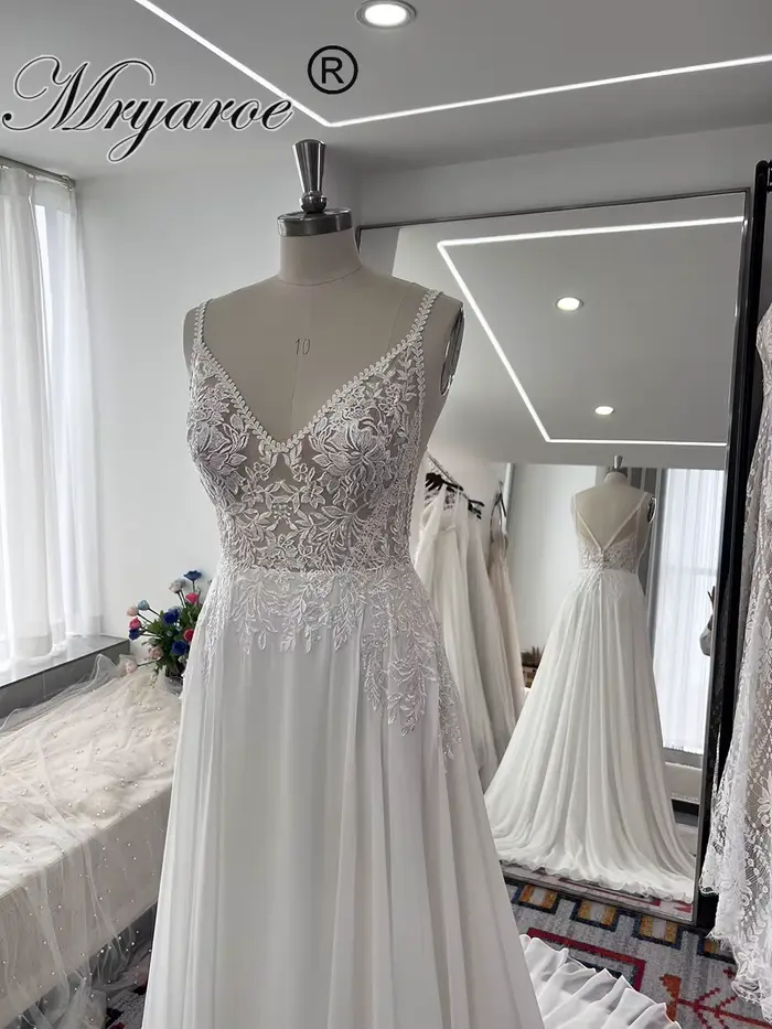 Mryarce mousseline de soie une ligne paillettes dentelle bretelles Spaghetti fluide robe de mariée robes
