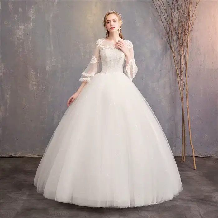 Robes De mariée Vintage 2024 nouvelle robe De mariée pas cher manches évasées dentelle broderie prin