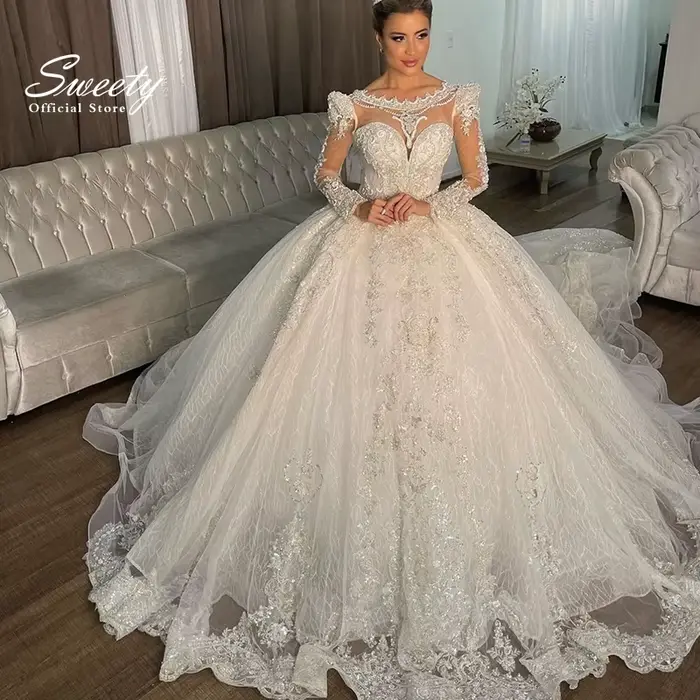 Robe De mariée De luxe dentelle brodée sur filet perles