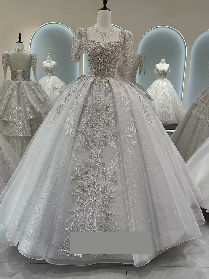 Robe de mariée de luxe française avec perles brillantes, broderie lourde, ciel étoilé et queue personnalisable pour femme occasions spéciales