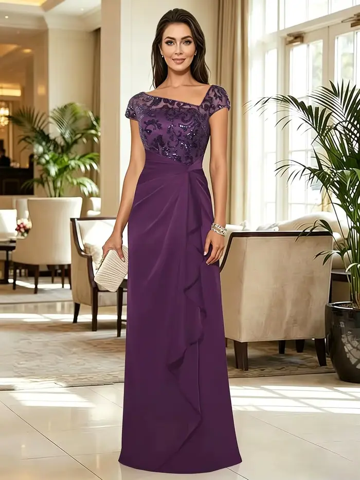 Robes de Soirée Formelles Personnalisées et Élégantes pour Mères de la Mariée, avec Manches Courtes, Paillettes, Dentelle, Mousseline et Dos Corset