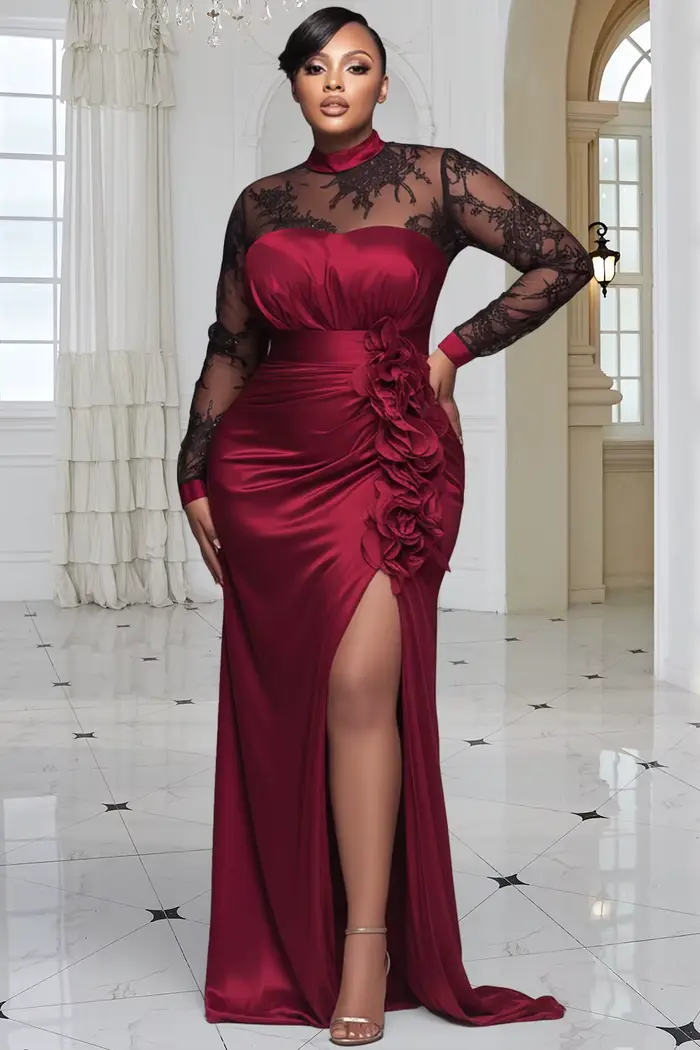 Grande taille formelle bordeaux col montant manches longues 3D élégant fendu satin dentelle robes ma