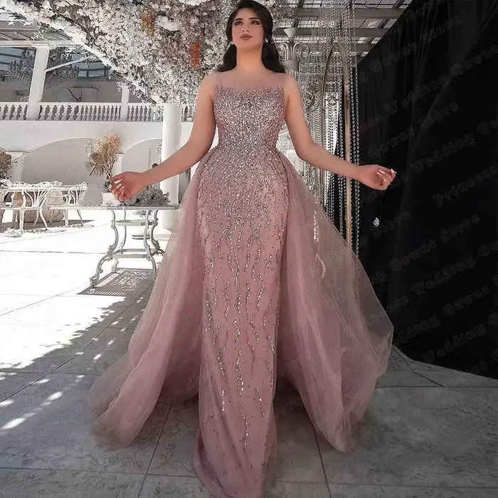 Robe de soirée de mariage formelle en tulle rose personnalisable avec traîne détachable pour femmes occasions spéciales et bal