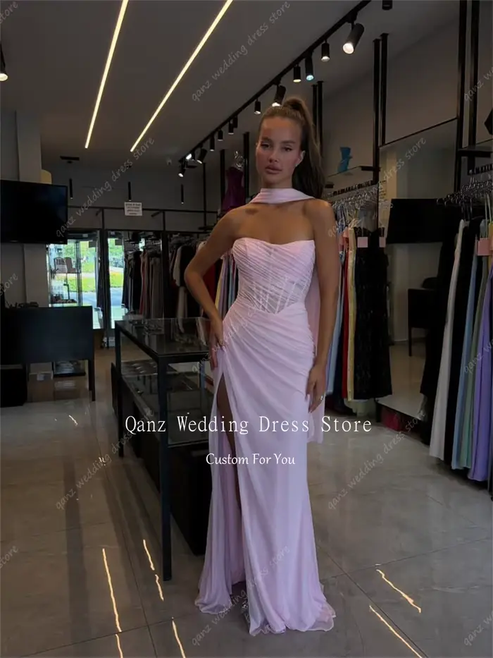 Qanz rose robes De soirée en mousseline De soie jambe haute fente