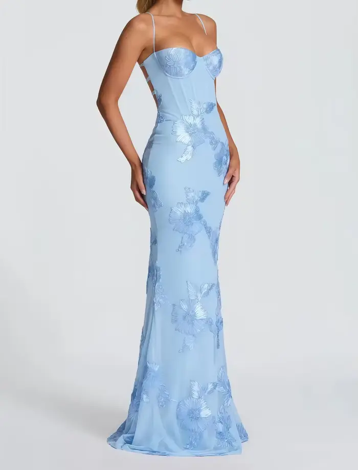 Robe longue élégante pour femme avec broderie florale 3D