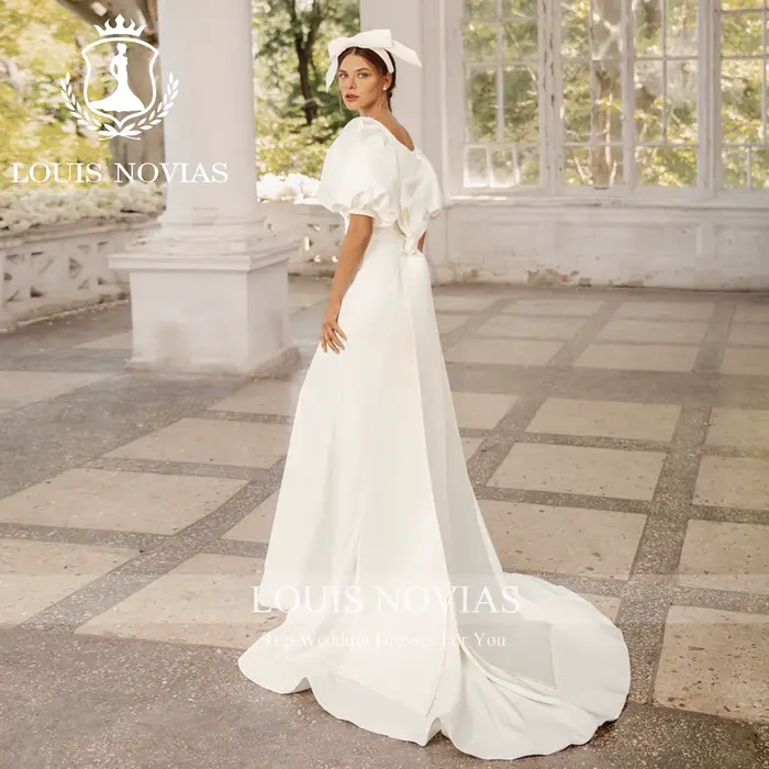 LOUIS NOVIAS sirène Satin robes De mariée Simple romantique SCOOP manches bouffantes détachable Train robe