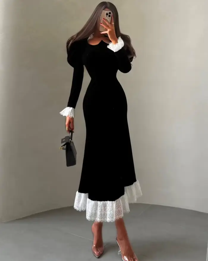 Robe de soirée midi élégante en velours noir pour femme