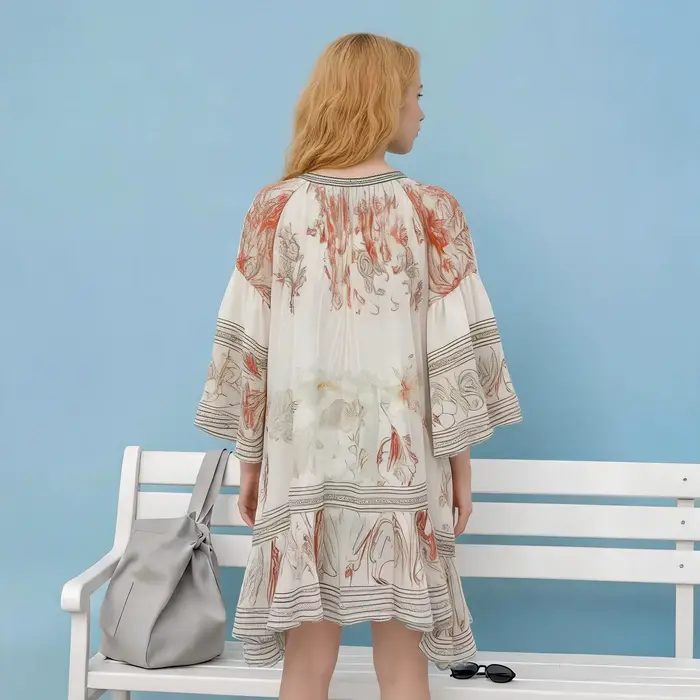 Robe midi ample à manches longues pour femmes imprimé floral tendance 2026 avec volants élégantes pour occasions spéciales été style décontracté