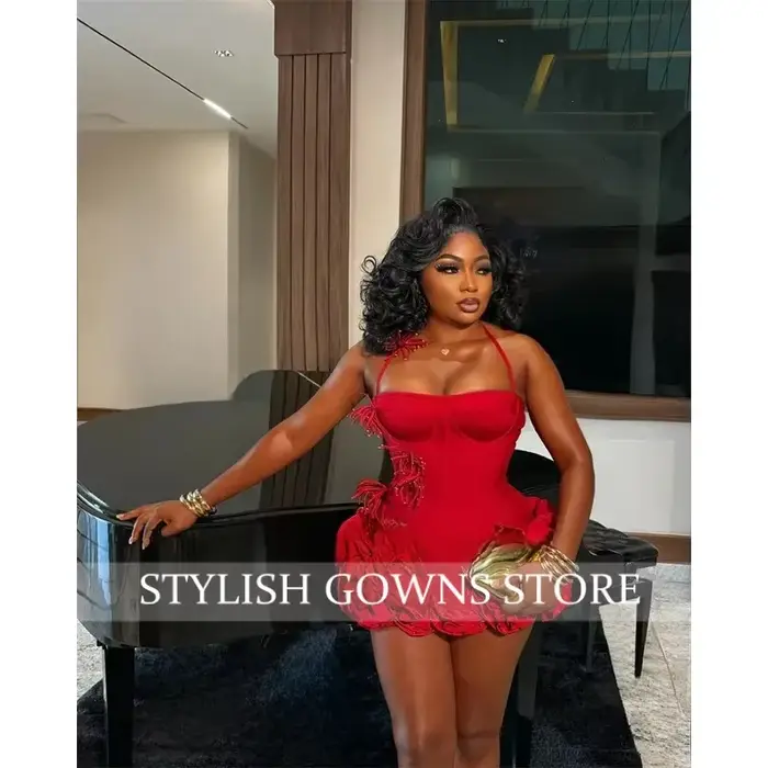 Robes d'anniversaire rouges Baddie noir fille licou cou Mini