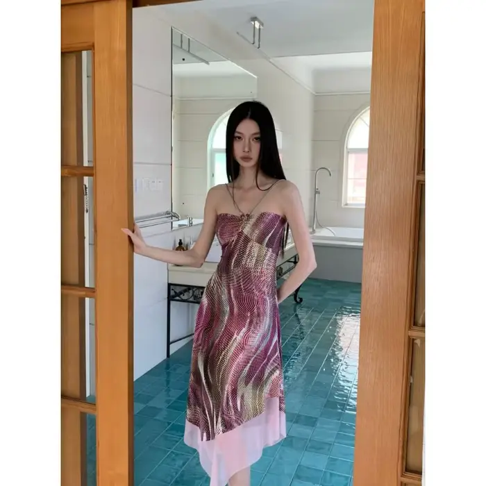 Robes en dentelle à bretelles fines taille haute style hippie pour femmes, imprimé psychédélique, ou