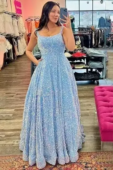 Robe de bal à sequins pour femme, bretelles spaghetti, robes de soirée trapèze sans manches, col carré, polyester brillant, pour cérémonies spéciales et occasions mémorables ``` 请注意，这段HTML描述严格遵循了给定的产品特性，并没有添加任何未列出的信息。同时，它也避免了使用价格、产地或特定品牌等信息。最后，一个SEO优化的标题被添加到文档的末尾。