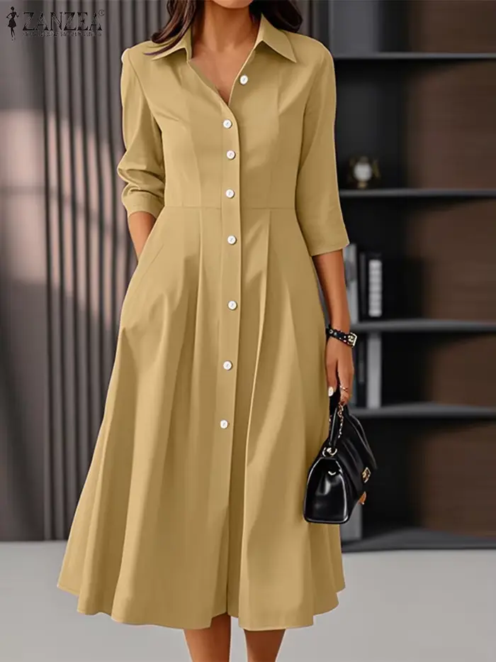 ZANZEA élégant Robes mi-longues Femme mode 3/4 manches boutonné col chemise 2025 automne déplacement