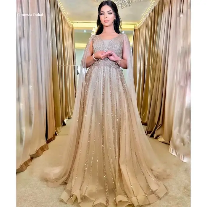 Contessa Dubai Champagne clair paillettes robe de mariée châle robes de noche longueur au sol sans m