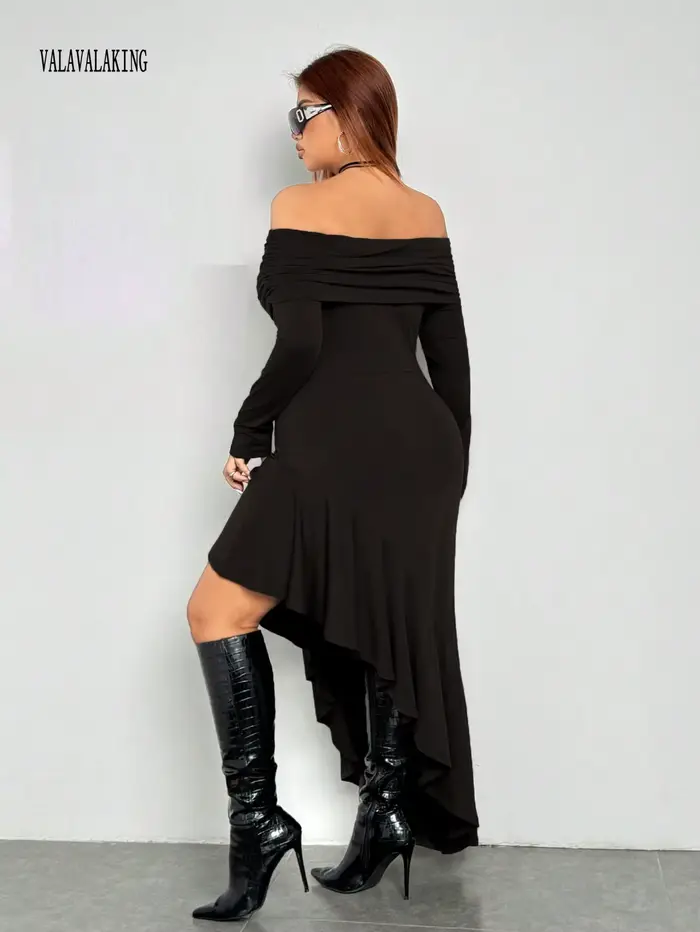 2025 Sexy noir hors de l'épaule grande taille robe longue femmes été à volants Midi
